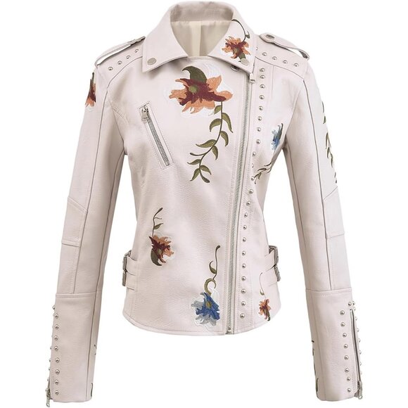 Jackets & Blazers - Women's Xhpy Beige Studded Faux Leather Jacket Moto Punk Jacket Floral Coat
